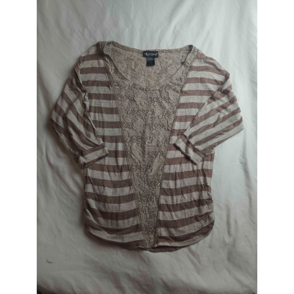 Self Esteem Blouse Womens Large Brown Striped Knit Lace Coastal Grandma Hygge